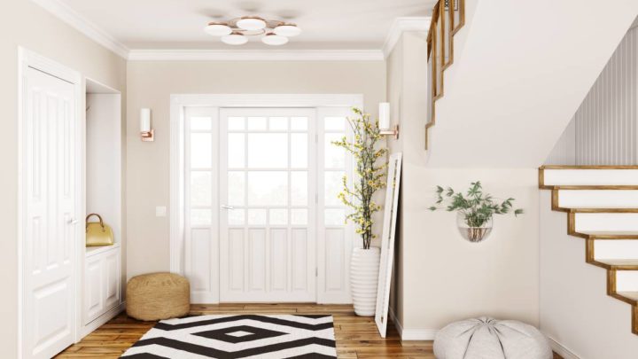 A home entryway decorated with cushions, hanging plants, a rug, and a nook for placing items