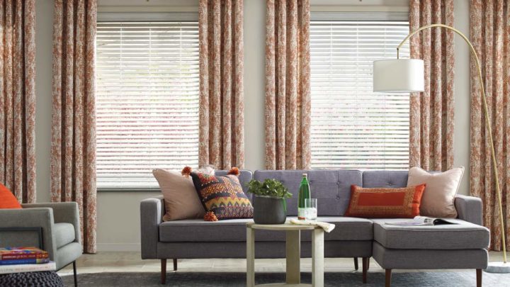 Hunter Douglas Design Studio™ Custom Drapes on living room windows near Paramus, New Jersey (NJ)