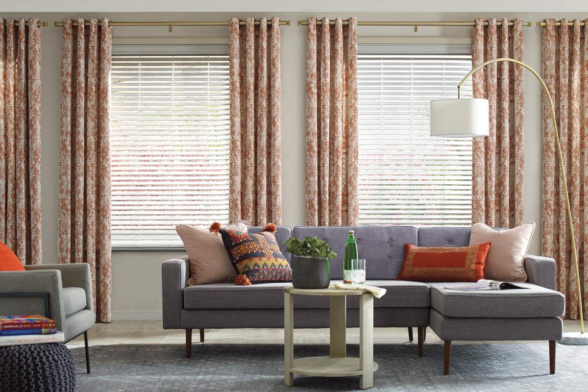 Hunter Douglas Design Studio™ Custom Drapes on living room windows near Paramus, New Jersey (NJ)