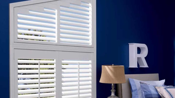 Palm Beach™ Polysatin™ Vinyl Shutters in a bedroom near Fairfield, NJ