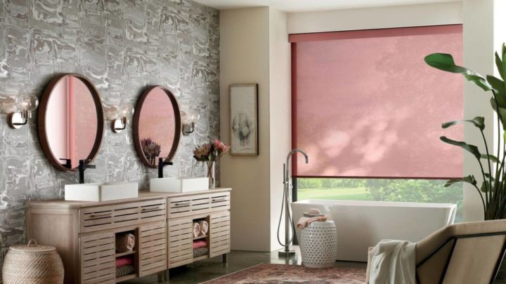 Hunter Douglas Designer Roller Shades decorating the window of a beautiful bathroom near Wayne, Fairfield, and Paramus, New Jersey (NJ)