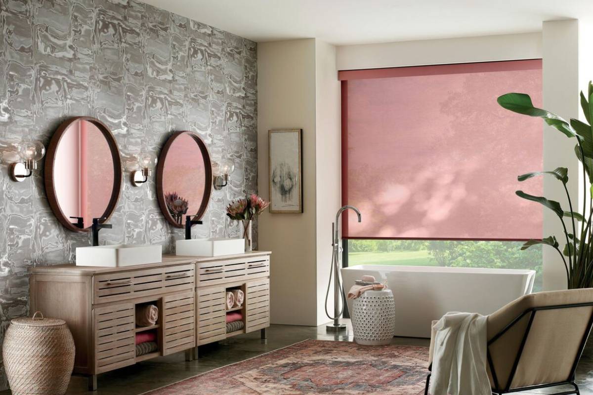 Hunter Douglas Designer Roller Shades decorating the window of a beautiful bathroom near Wayne, Fairfield, and Paramus, New Jersey (NJ)