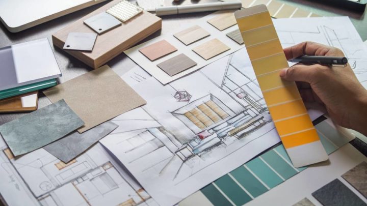 Table arranged with interior design drawings and color swatches near Wayne, Fairfield, and Paramus, New Jersey (NJ)