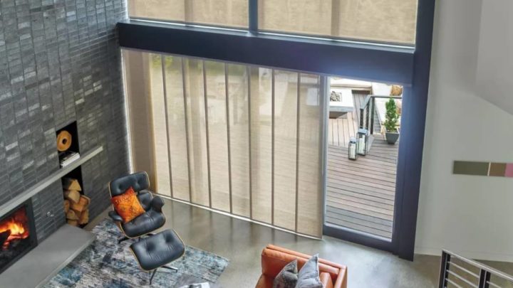Hunter Douglas Vertical Blinds on Sliding Glass Doors in an Eclectic Living Room near Paramus, New Jersey (NJ)