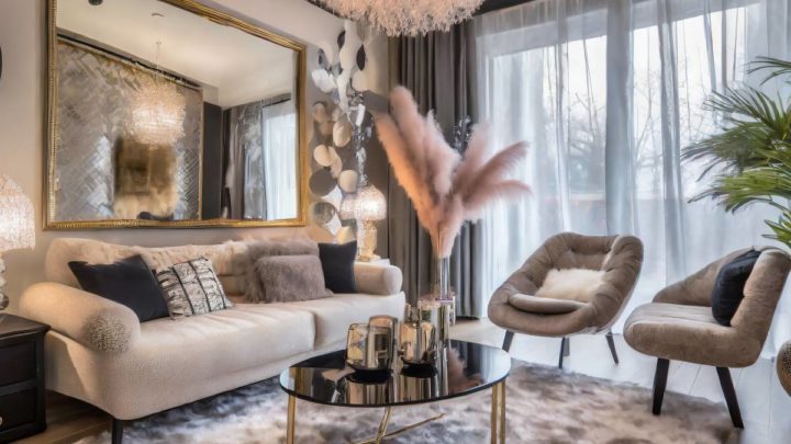 Modern glam living room with metallic accents and plush furniture at White House Designs For Life near Fairfield, NJ