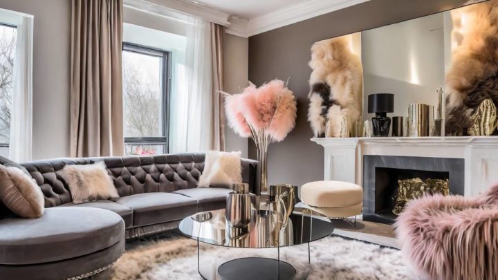 Modern glam living room with metallic accents and mirrored accessories at White House Designs For Life near Fairfield, NJ