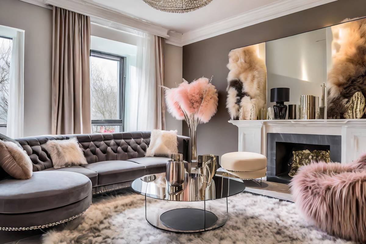 Modern glam living room with metallic accents and mirrored accessories at White House Designs For Life near Fairfield, NJ