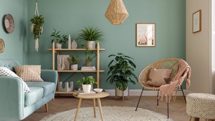 Pastel blue/green modern living room with well-spaced out furniture and circular area rug at White House Designs For Life near Paramus, Chester, Wayne, and Fairfield, New Jersey (NJ)