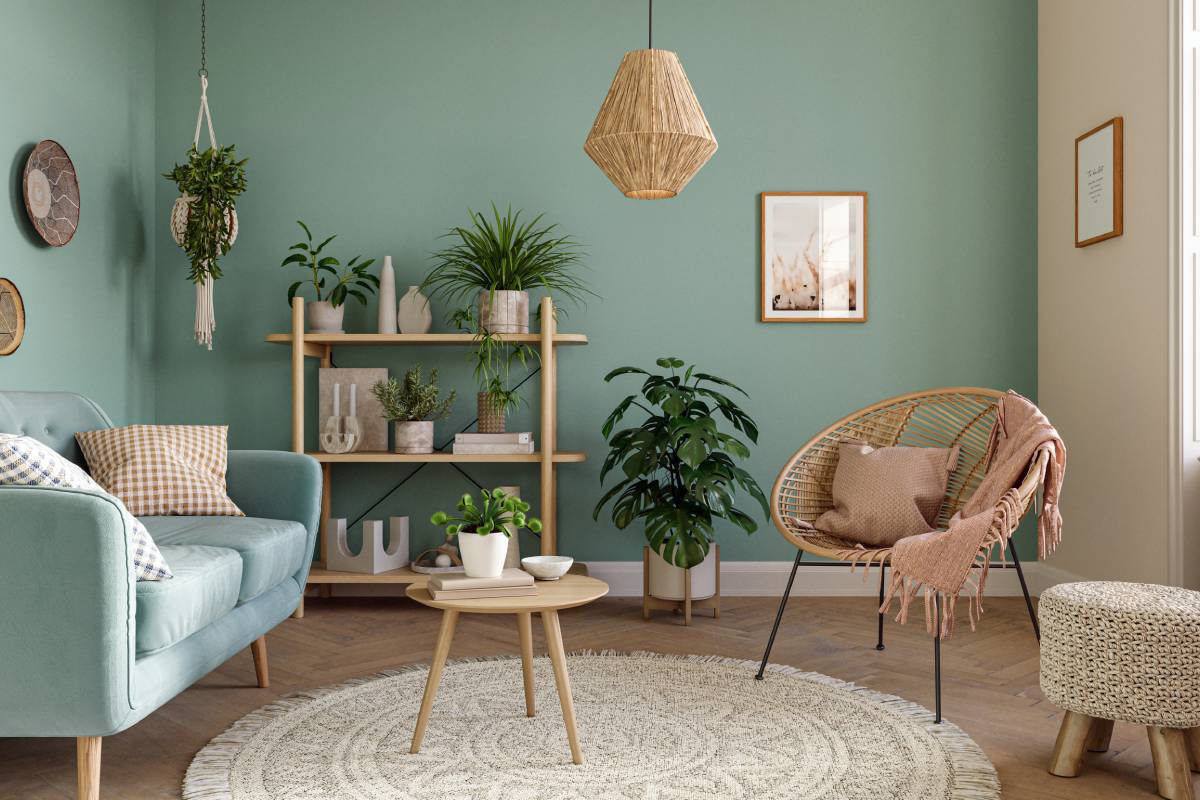 Pastel blue/green modern living room with well-spaced out furniture and circular area rug at White House Designs For Life near Paramus, Chester, Wayne, and Fairfield, New Jersey (NJ)
