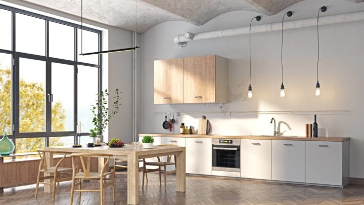 Large floor-to-ceiling windows in a modern, spacious kitchen with a neutral theme at White House Designs For Life near Paramus, Chester, Wayne, and Fairfield, New Jersey (NJ)