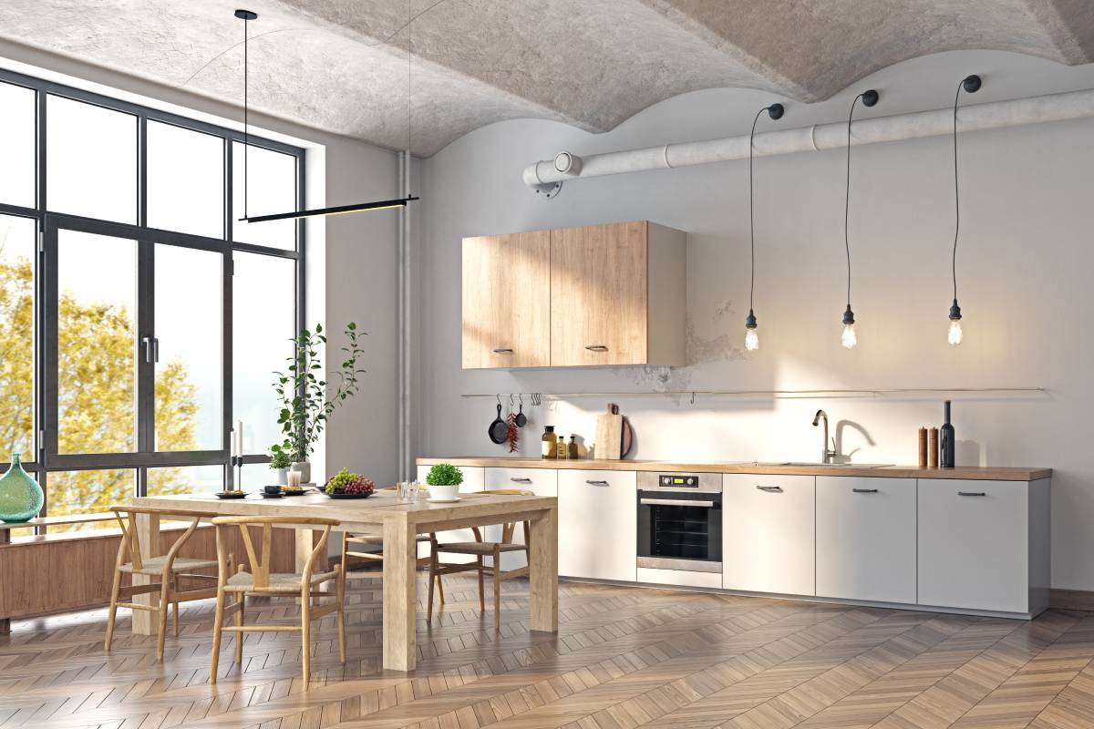 Large floor-to-ceiling windows in a modern, spacious kitchen with a neutral theme at White House Designs For Life near Paramus, Chester, Wayne, and Fairfield, New Jersey (NJ) 