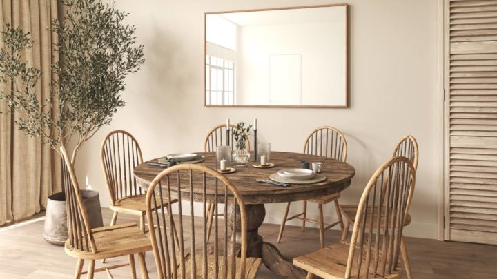 Farmhouse window treatments, light-blocking linen curtains, in a casual dining room with a neutral color palette at White House Designs For Life near New Jersey (NJ)