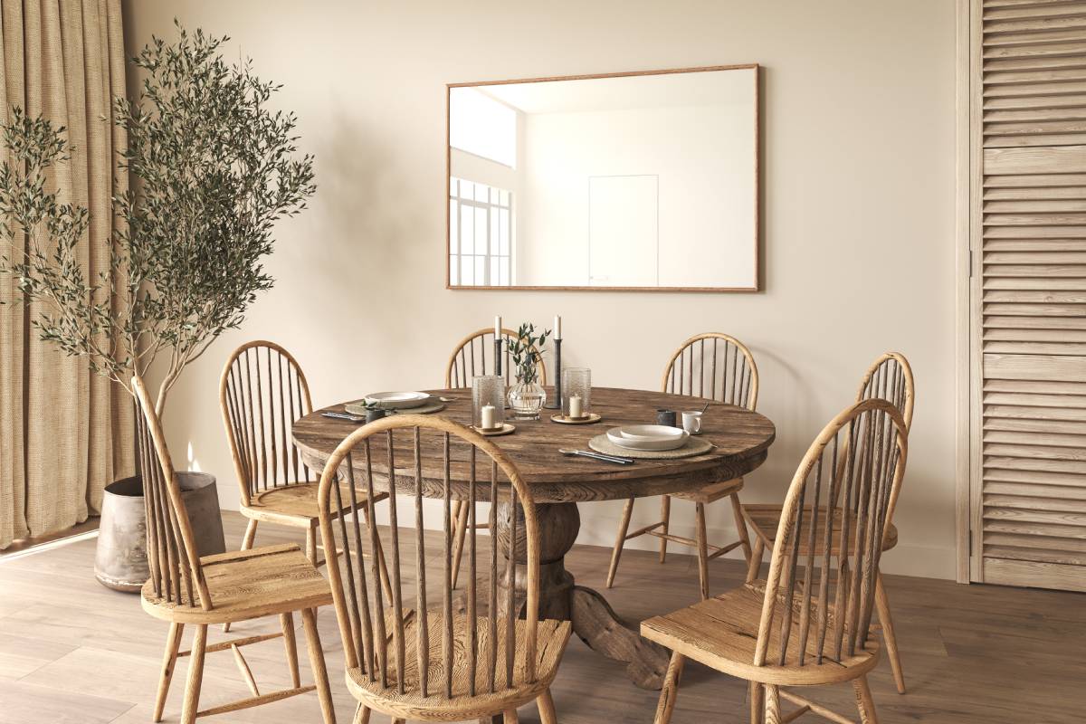 Farmhouse window treatments, light-blocking linen curtains, in a casual dining room with a neutral color palette at White House Designs For Life near New Jersey (NJ)