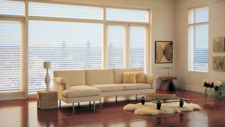 Hunter Douglas Silhouette® Sheer Shades for living rooms on large windows with a neutral color palette at White House Designs For Life near New Jersey (NJ)