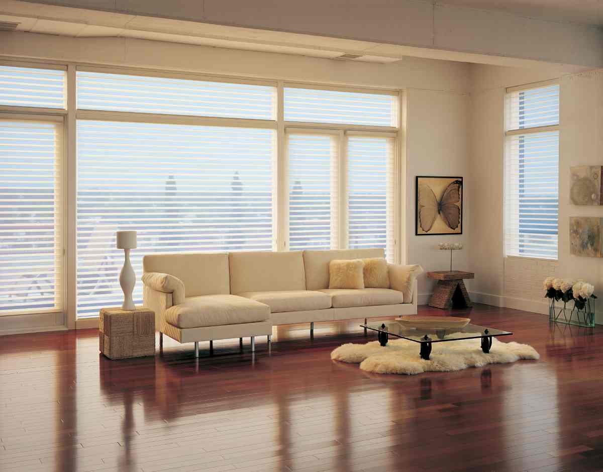 Hunter Douglas Silhouette® Sheer Shades for living rooms on large windows with a neutral color palette at White House Designs For Life near New Jersey (NJ)