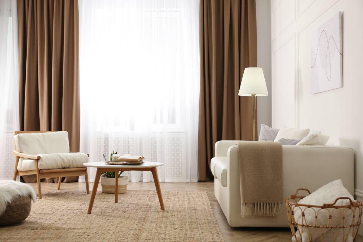 Stylish living room window treatments on a large window in a cozy space at White House Designs For Life near New Jersey (NJ)
