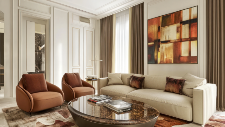 A dream home living room with stylish home furnishings and a neutral color palette