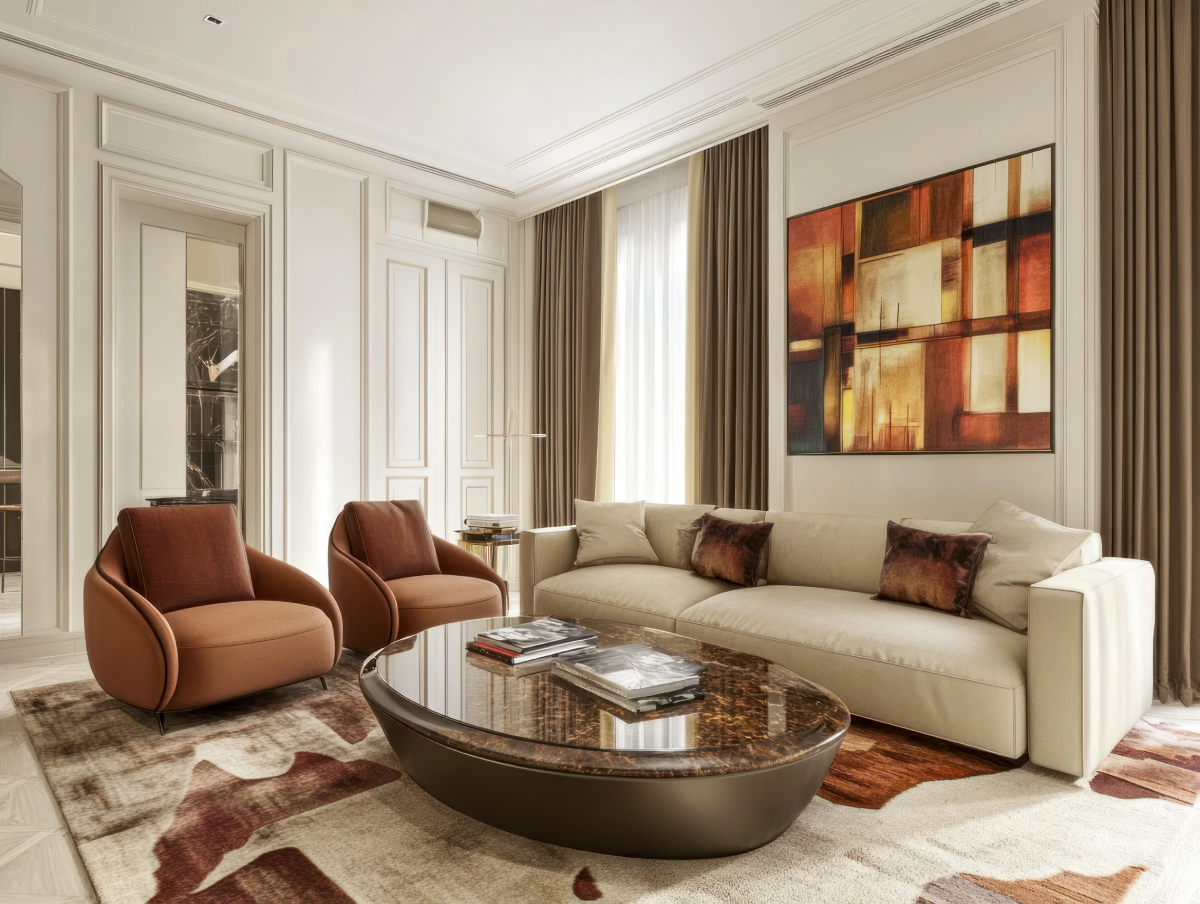 A dream home living room with stylish home furnishings and a neutral color palette