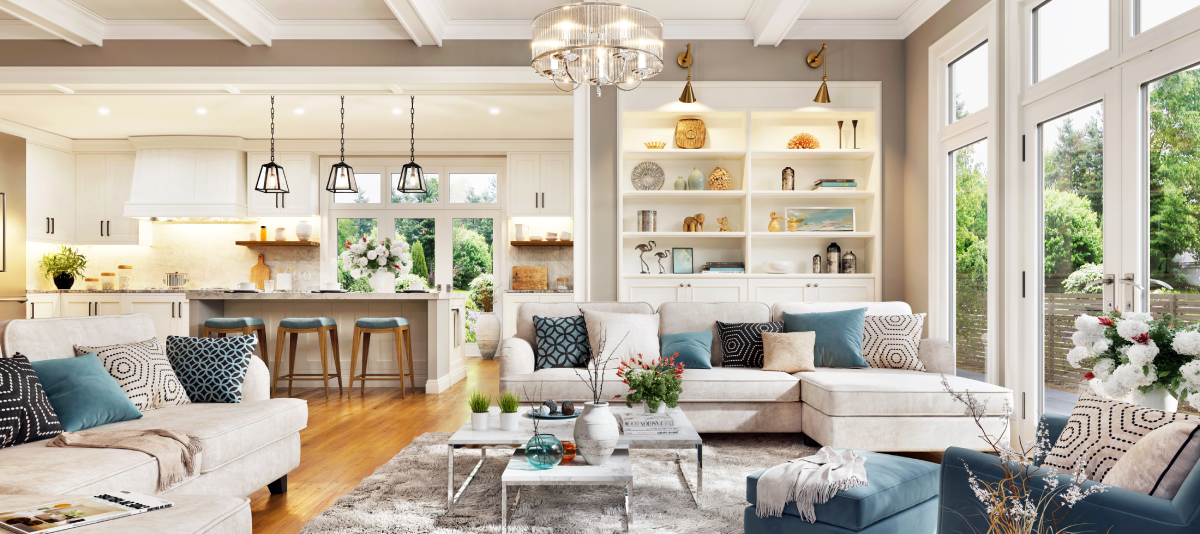 A luxurious and elegant interior design living room in an open-concept layout with a white kitchen