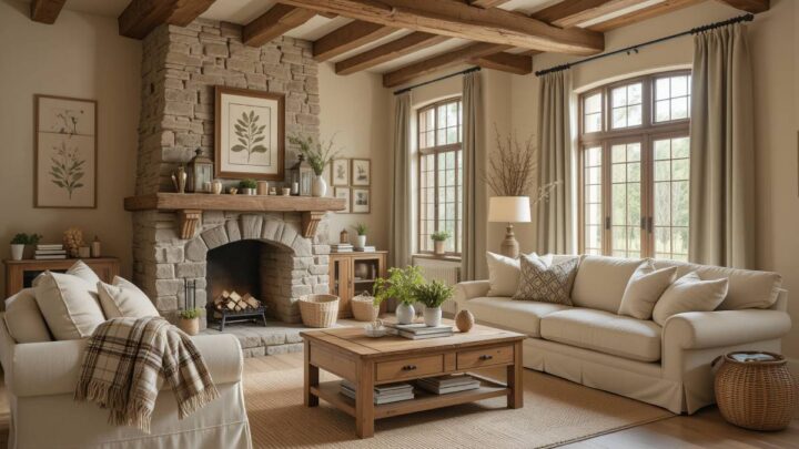 A living room with a timeless interior design, including neutral colors and luxury sofas