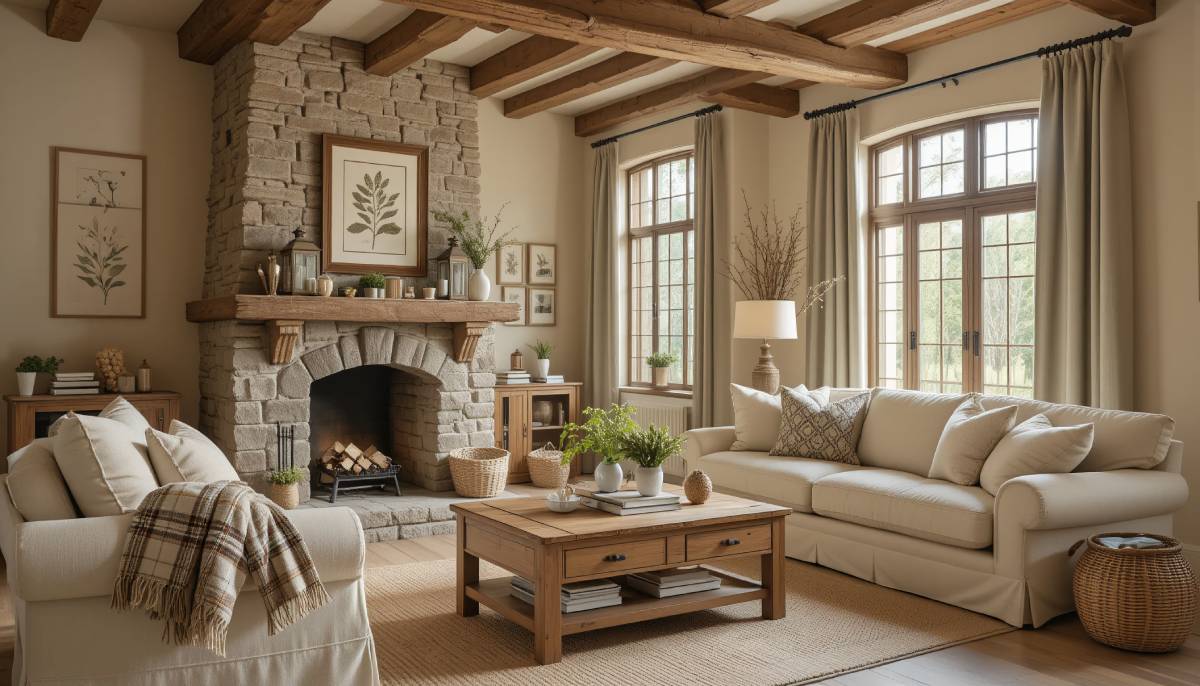 A living room with a timeless interior design, including neutral colors and luxury sofas